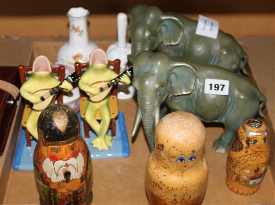 Binoculars, pair Spelter elephants, Russian dolls etc